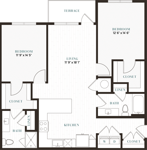 Floor plan for 2 beds, 2 baths, 1172 sqft